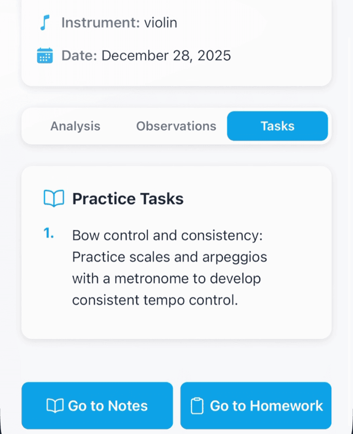 Practice tasks from an analysis of a violin recording: bow control and consistency
