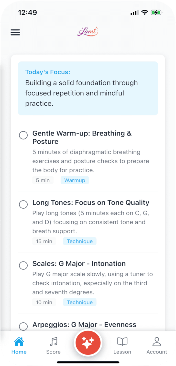 Today's practice list: a five-minute warm-up, long tones, then a G major scale